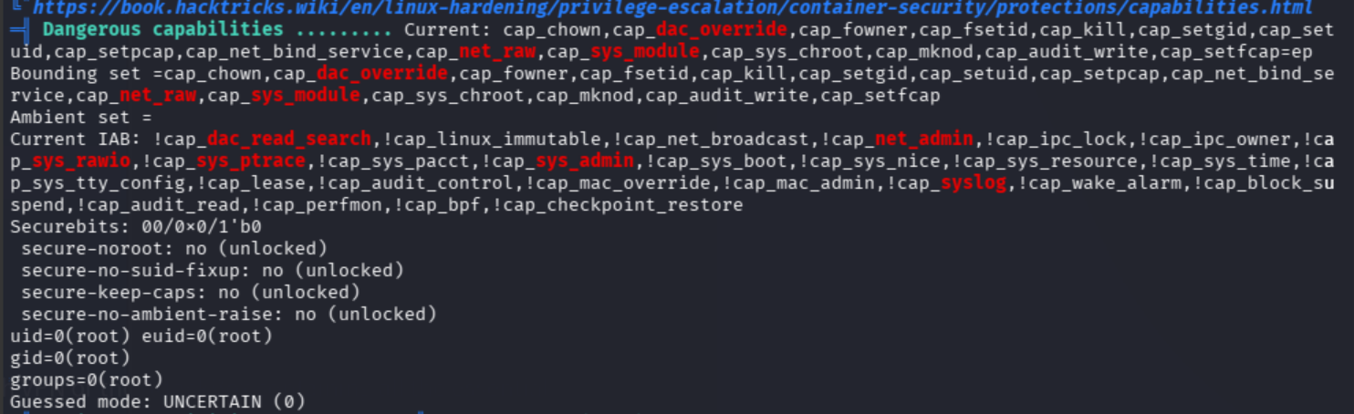 LinPEAS Dangerous Capabilities showing cap_sys_module